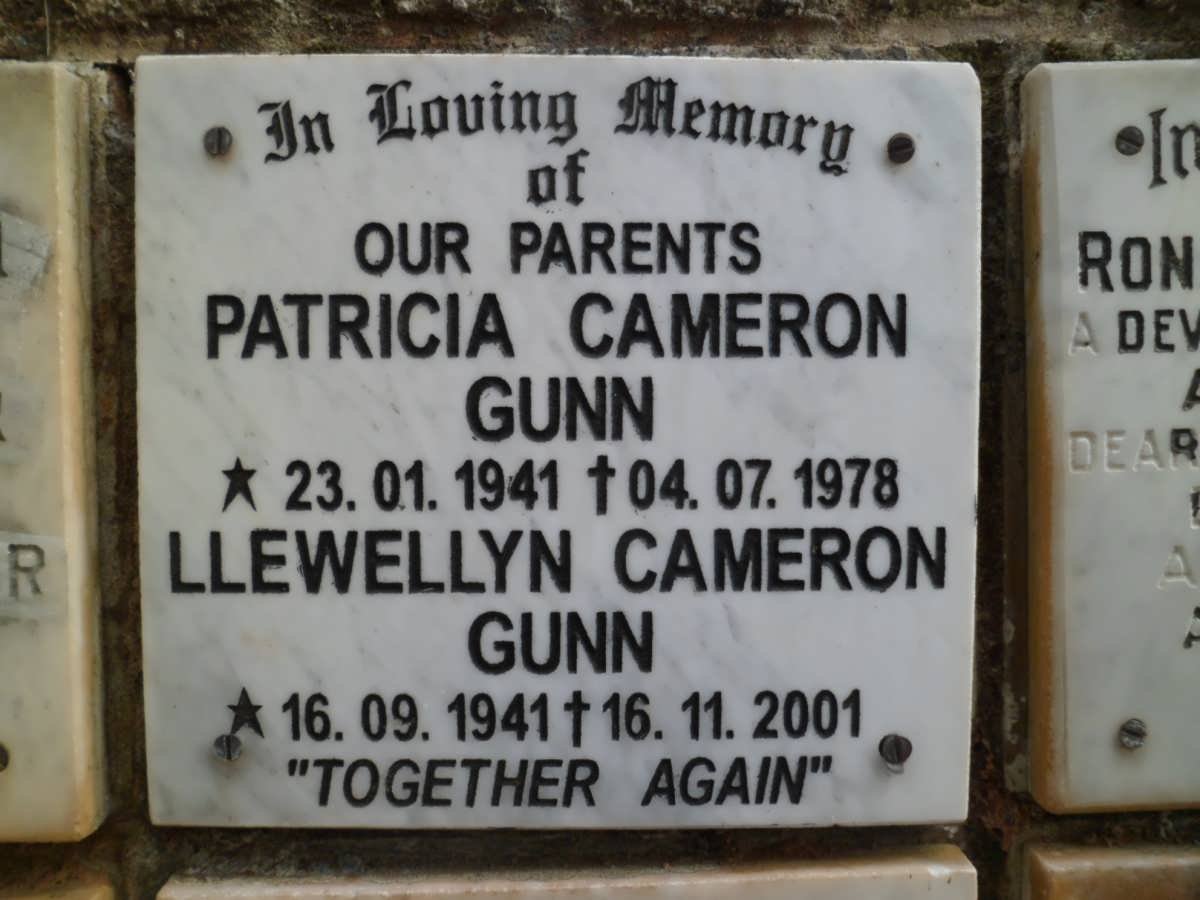 GUNN Llewellyn Cameron 1941-2001 &amp; Patricia Cameron 1941-1978