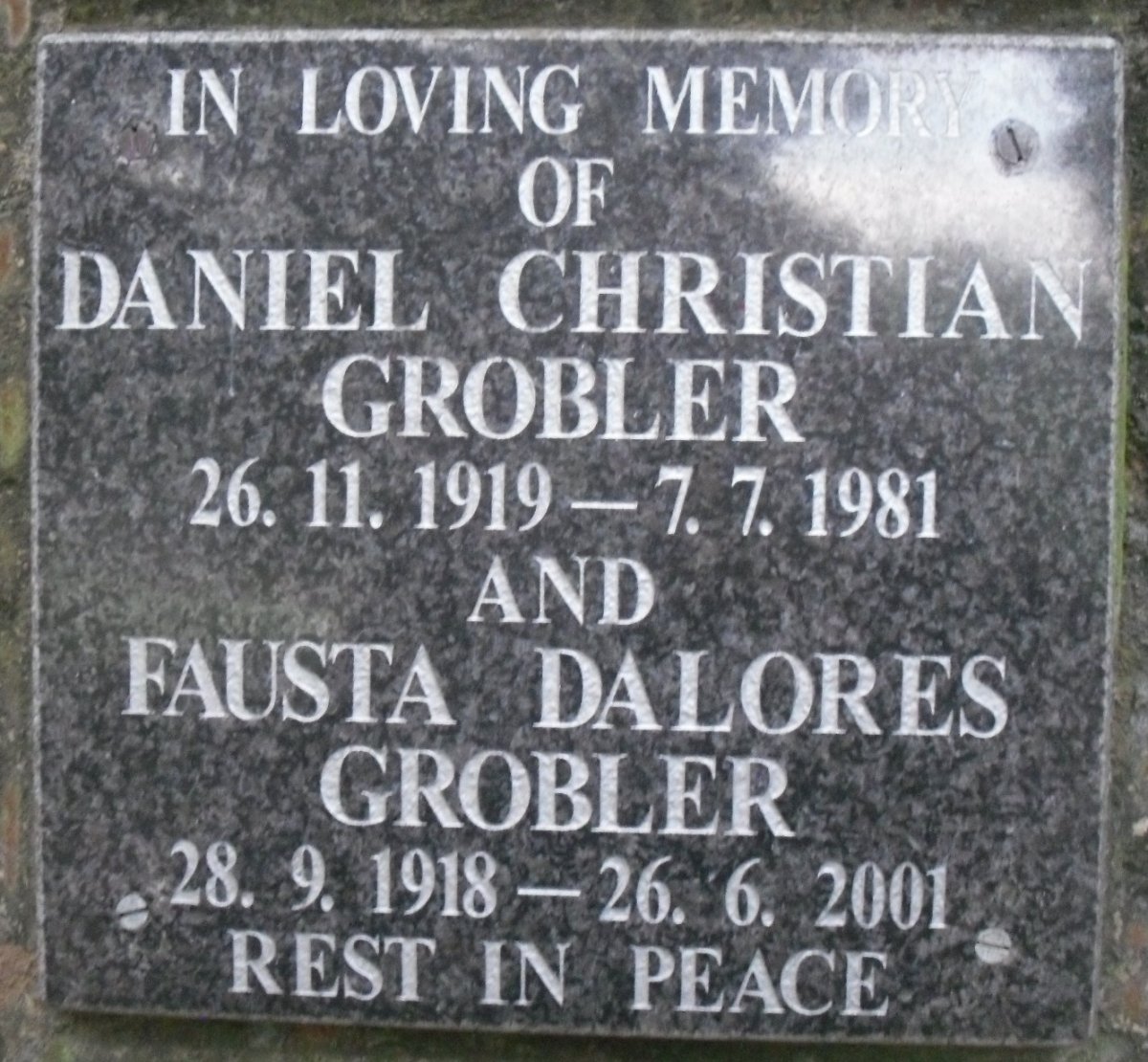 GROBLER Daniel Christian 1919-1981 &amp; Fausta Dalores 1918-2001