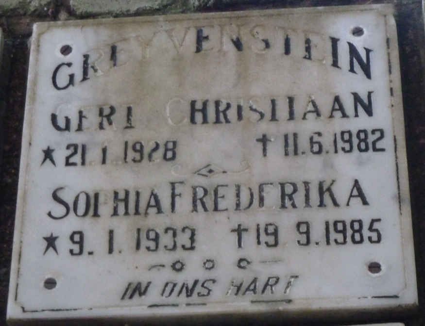 GREYVENSTEIN Gert Christiaan 1928-1982 &amp; Sophia Frederika 1933-1985