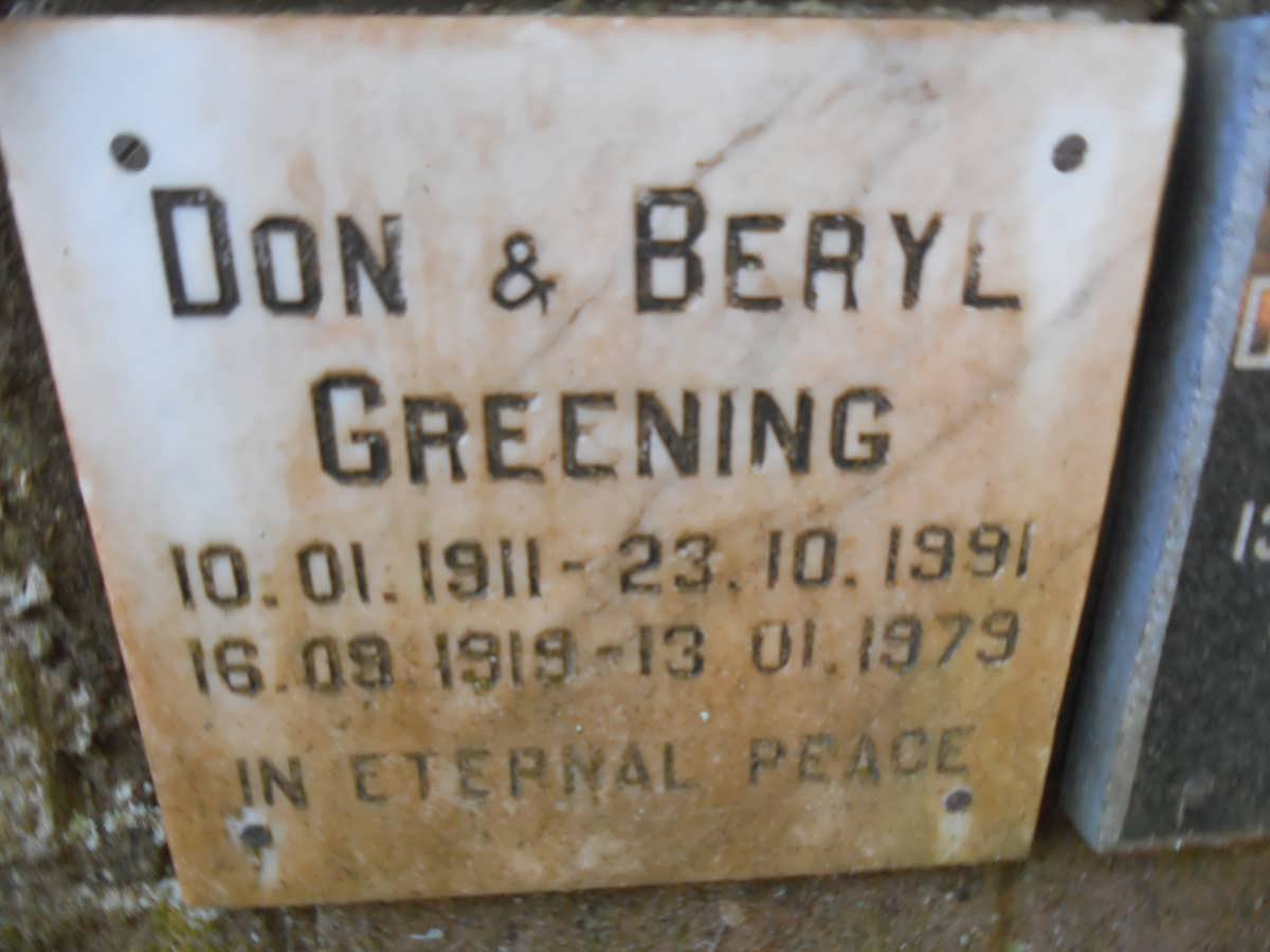GREENING Don 1911-1991 &amp; Beryl 1919-1979