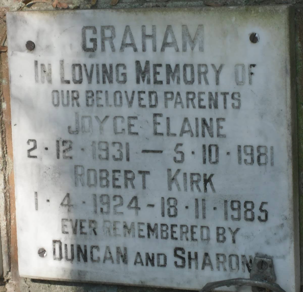 GRAHAM Robert Kirk 1924-1985 &amp; Joyce Elaine 1931-1981