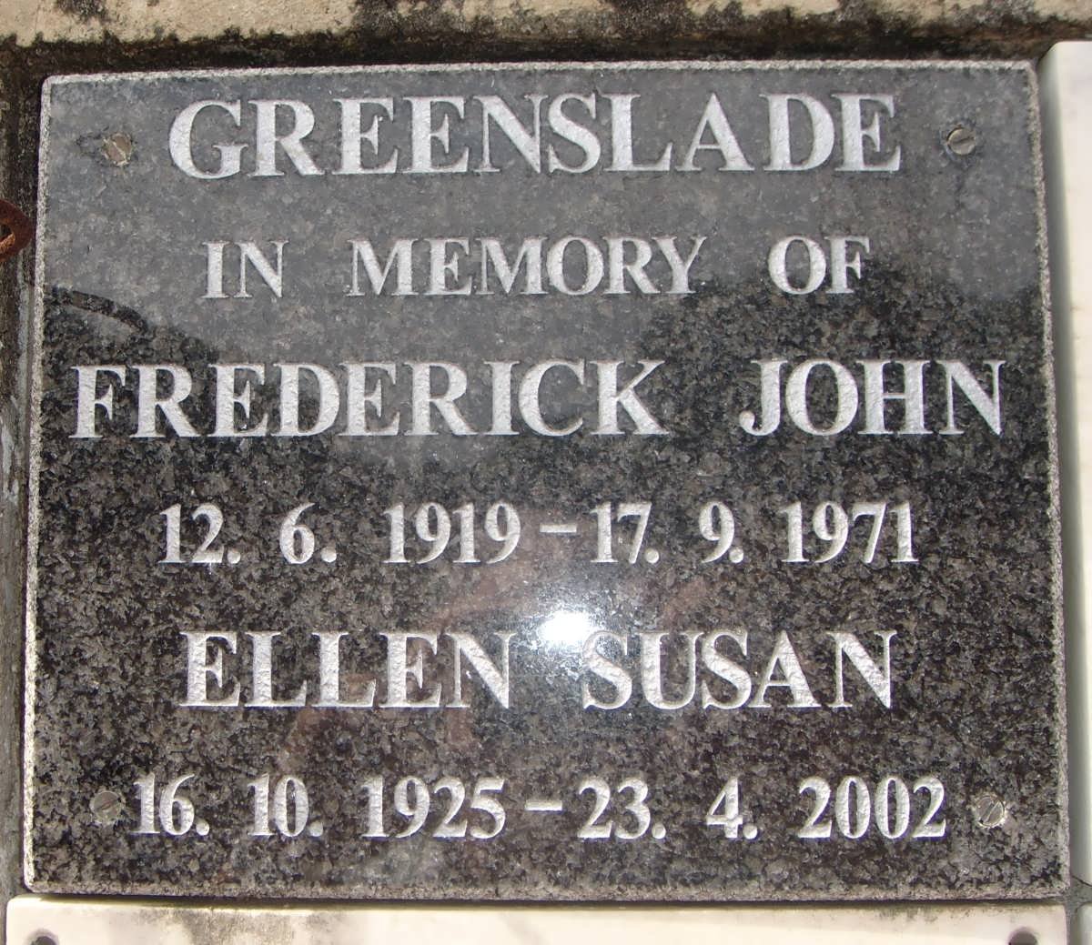GREENSLADE Frederick John 1919-1971 &amp; Ellen Susan 1925-2002