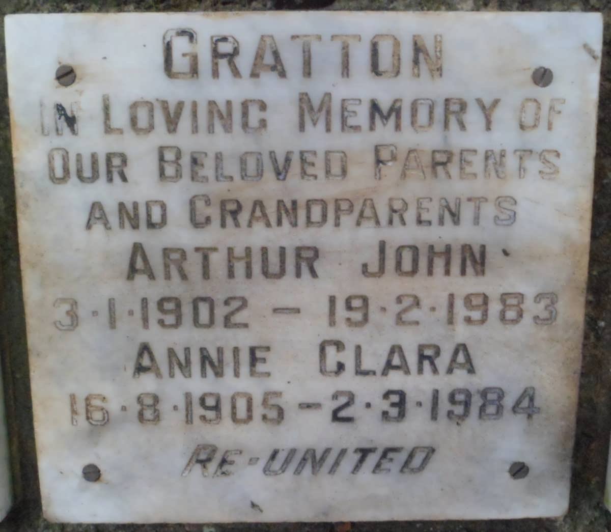 GRATTON Arthur John 1902-1983 &amp; Annie Clara 1905-1984