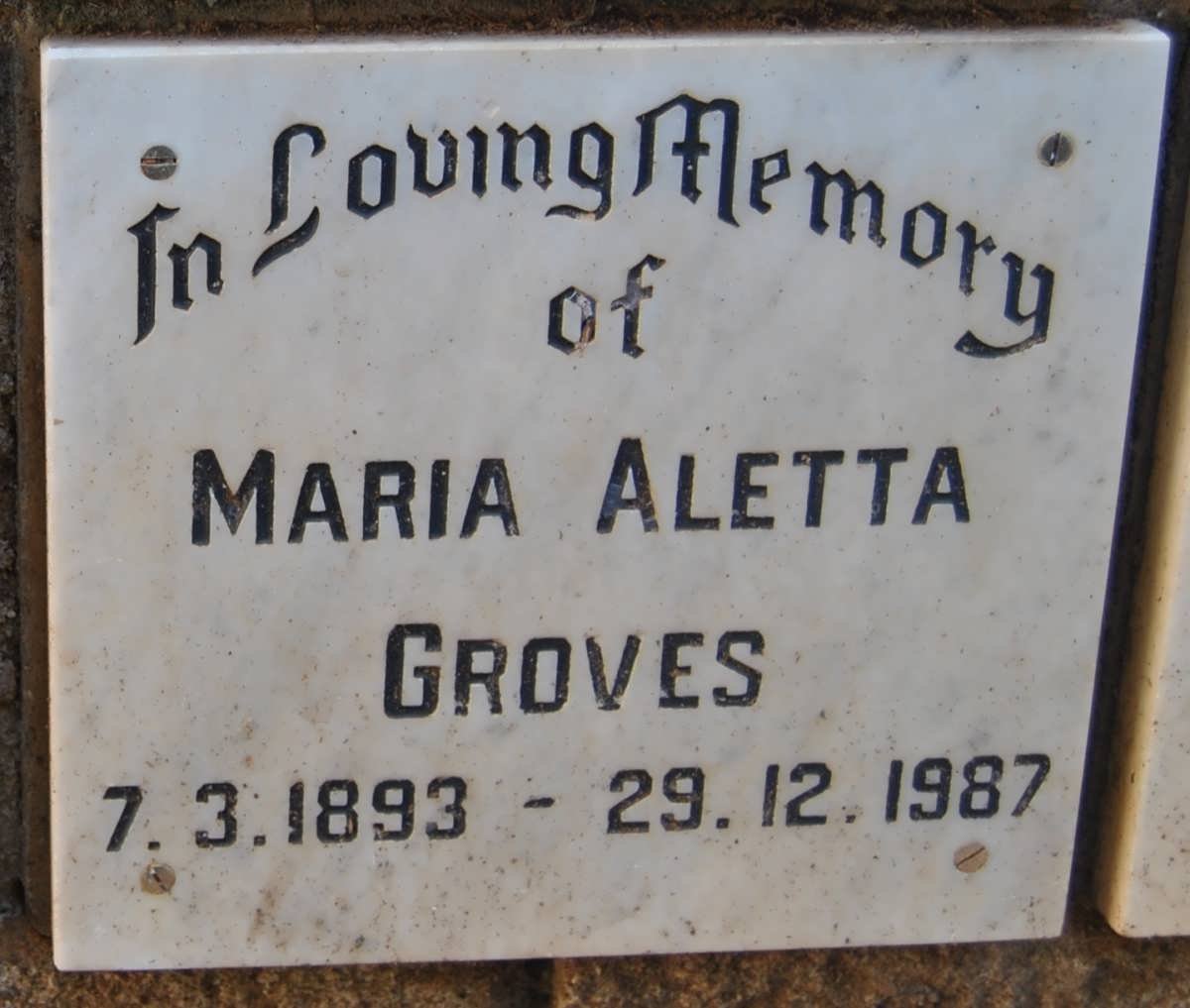 GROVES Maria Aletta 1893-1987