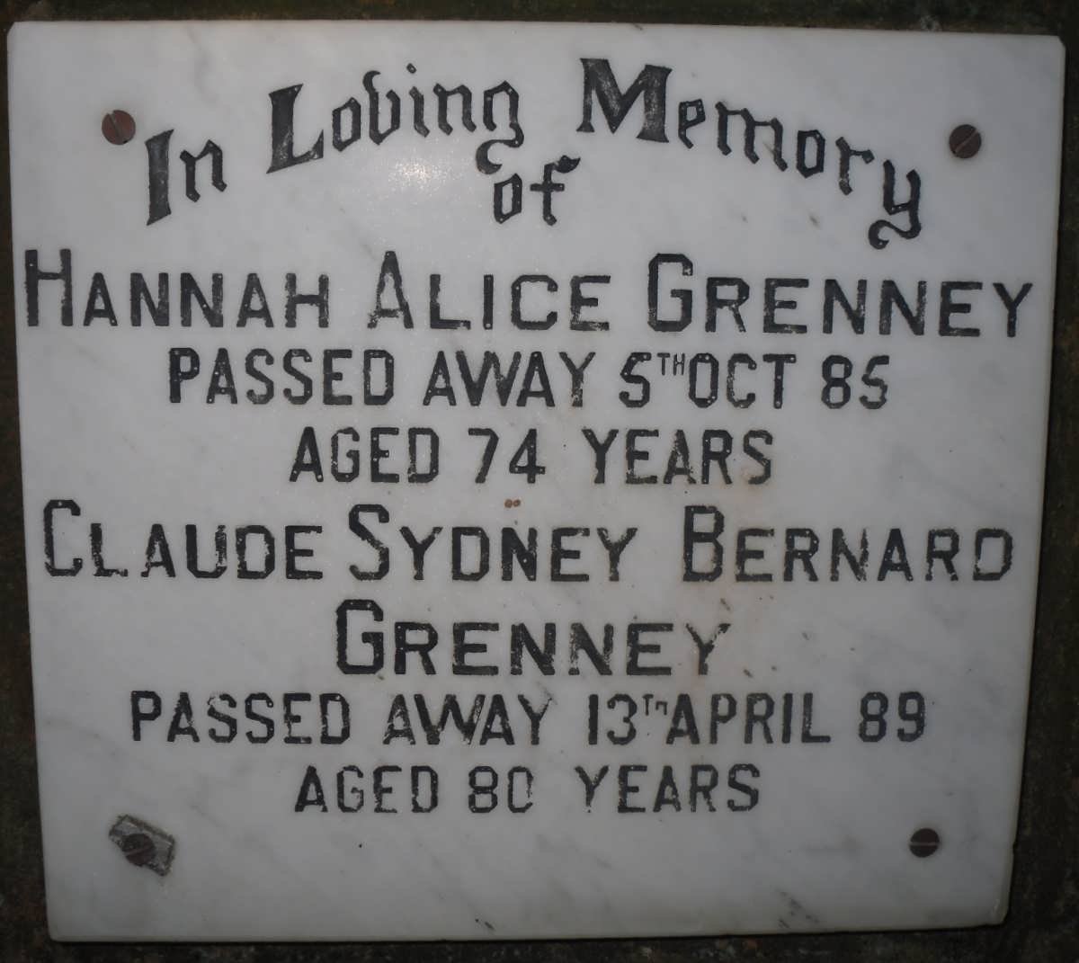 GRENNEY Claude Sydney Bernard -1989 &amp; Hannah Alice -1985