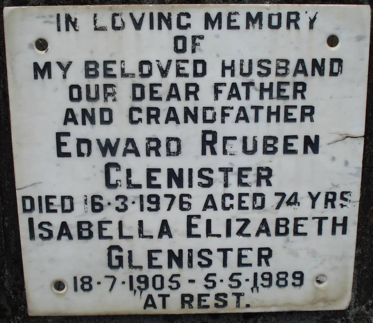 GLENISTER Edward Reuben -1976 &amp; Isabella Elizabeth 1905-1989