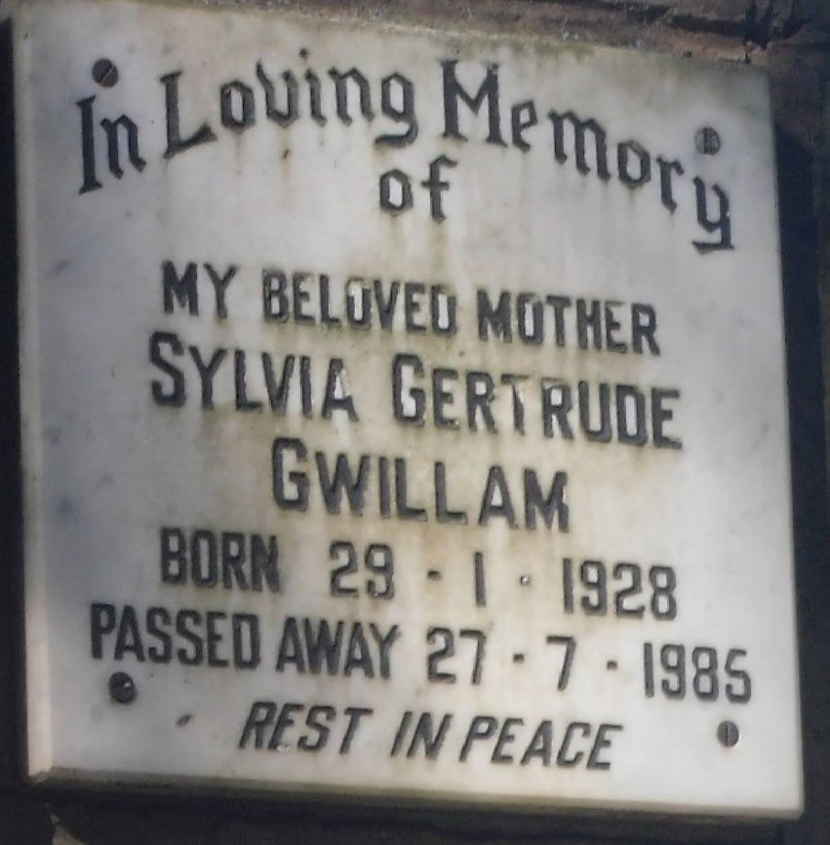 GWILLAM Sylvia Gertrude 1928-1985