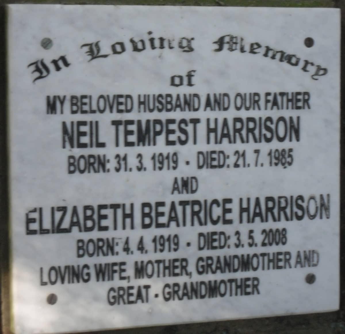 HARRISON Neil Tempest 1919-1985 &amp; Elizabeth Beatrice 1919-2008