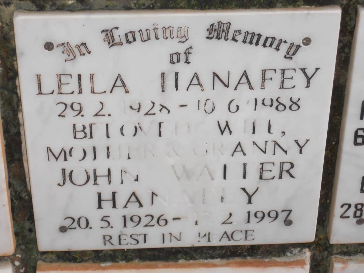 HANAFEY John Walter 1926-1997 &amp; Leila 1928-1988