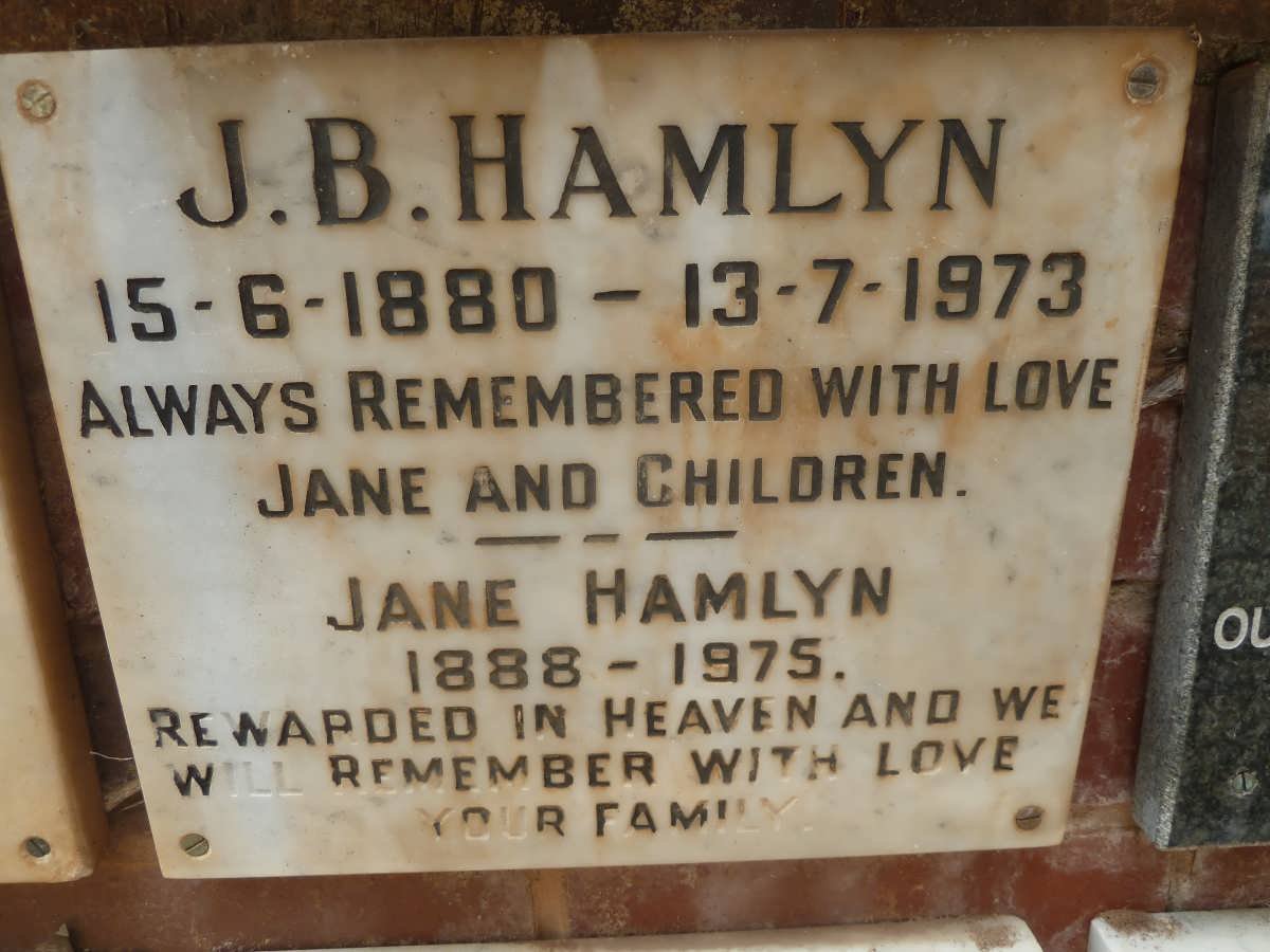 HAMLYN J.B. 1880-1973 &amp; Jane 1888-1975