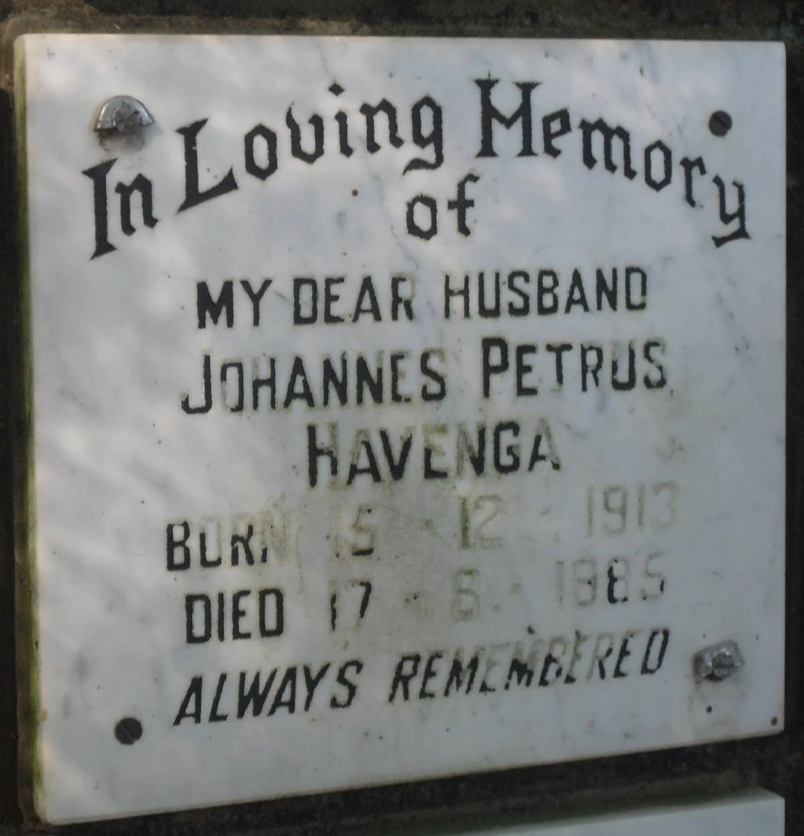 HAVENGA Johannes Petrus 1913-1985