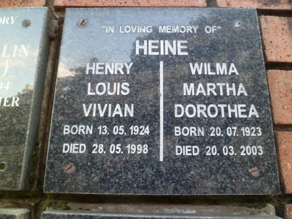 HEINE Henry Louis Vivian 1924-1998 &amp; Wilma Martha Dorothea 1923-2003