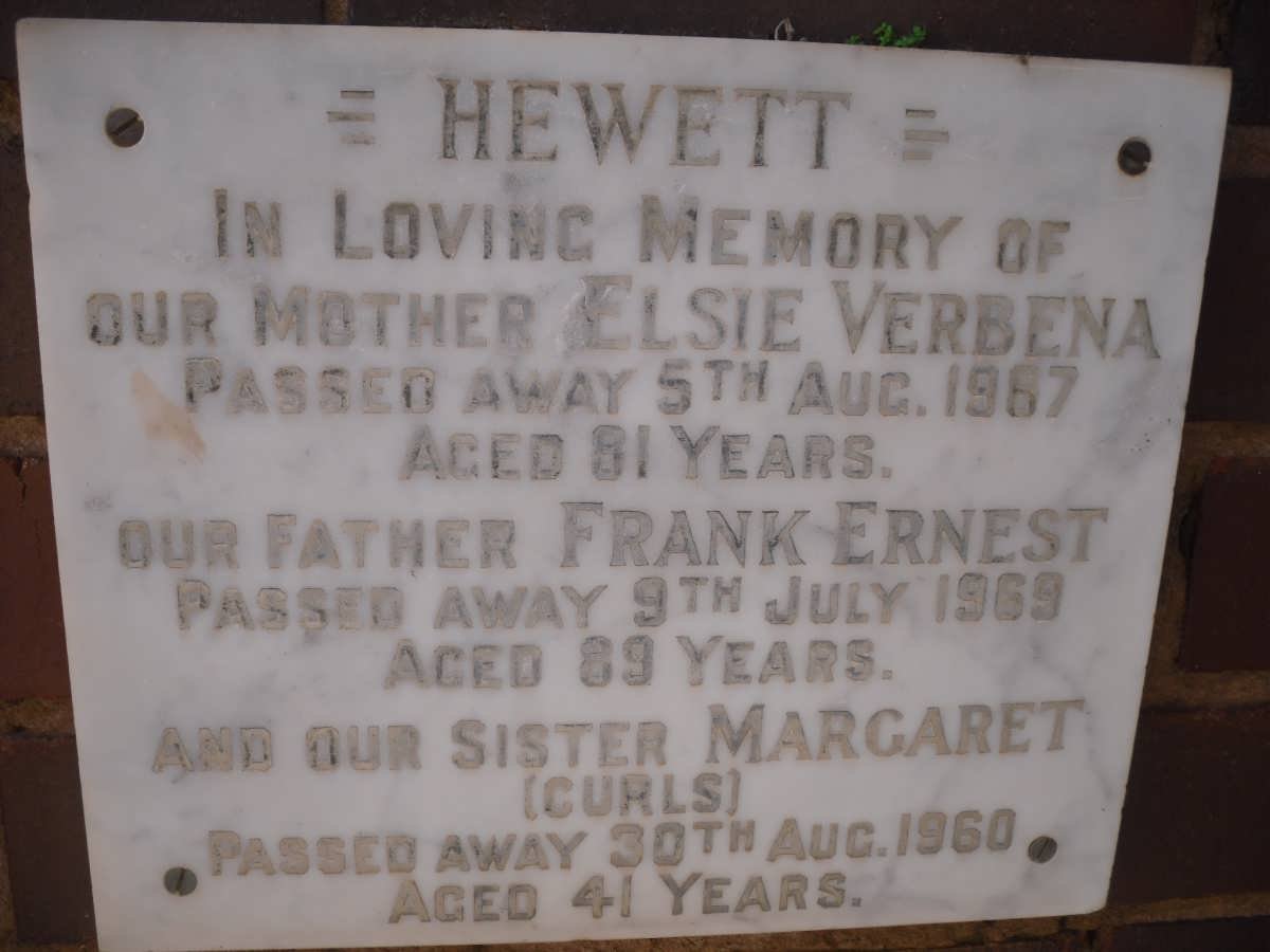 HEWETT Frank Ernest -1969 &amp; Elsie Verbena -1967 :: HEWETT Margaret -1960