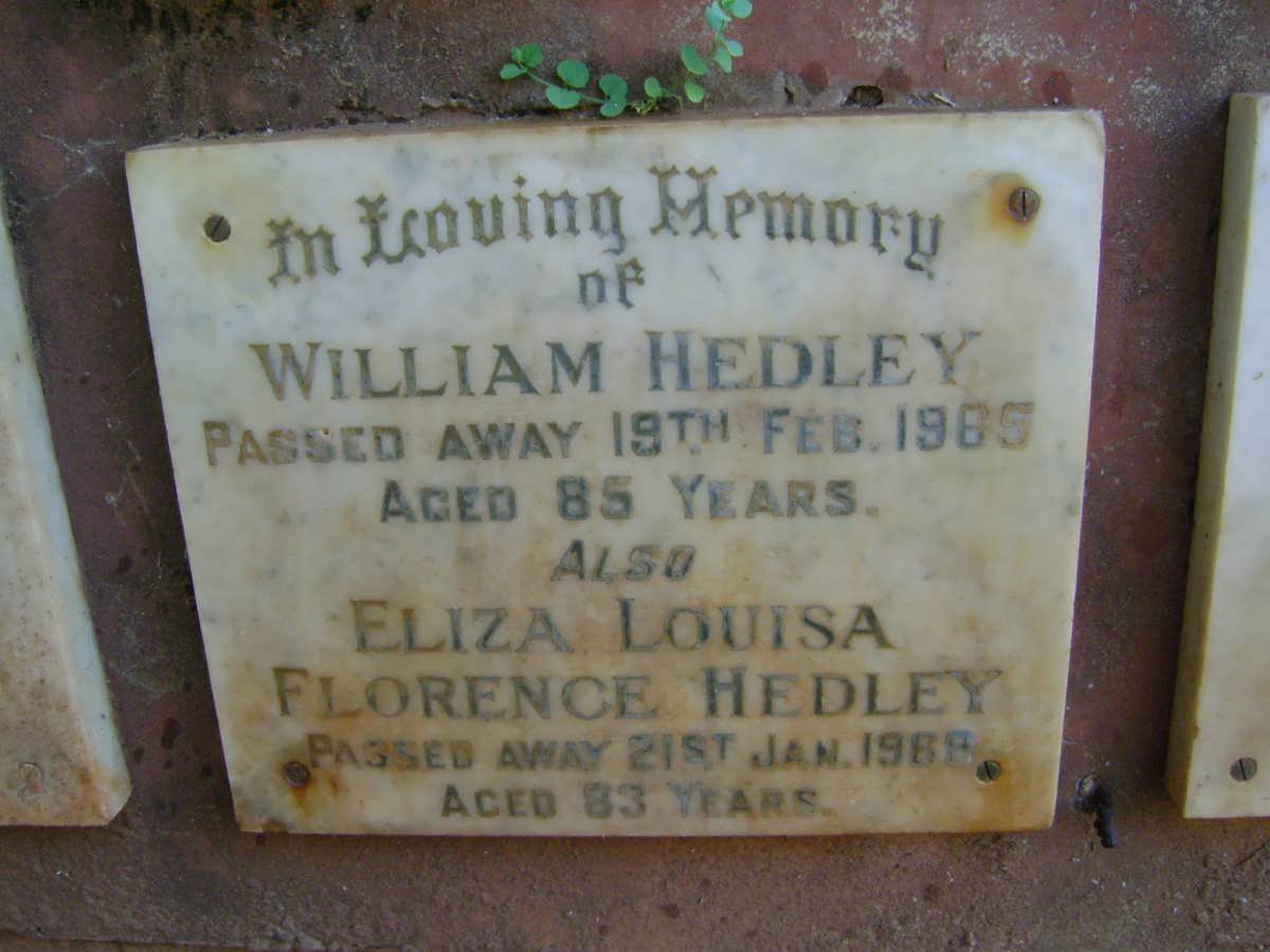HEDLEY William -1965 &amp; Eliza Louisa Florence -1968