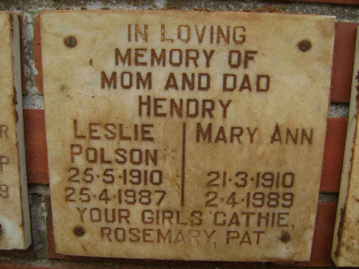HENDRY Leslie Polson 1910-1987 &amp; Mary Ann 1910-1989