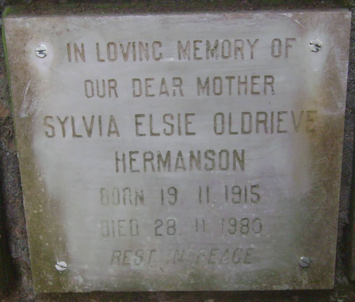 HERMANSON Sylvia Elsie Oldrieve 1915-1980