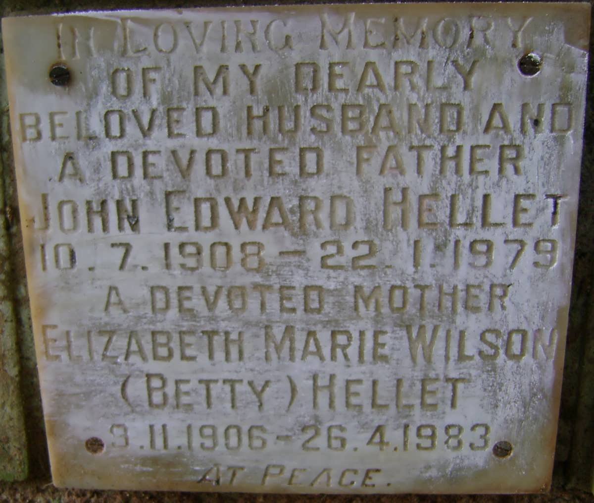 HELLET John Edward 1908-1979 &amp; Elizabeth Marie WILSON 1906-1983