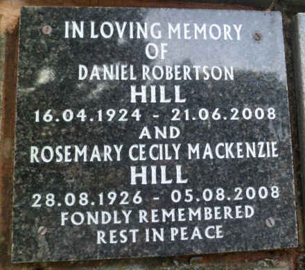 HILL Daniel Robertson 1924-2008 &amp; Rosemary Cecily Mackenzie 1926-2008