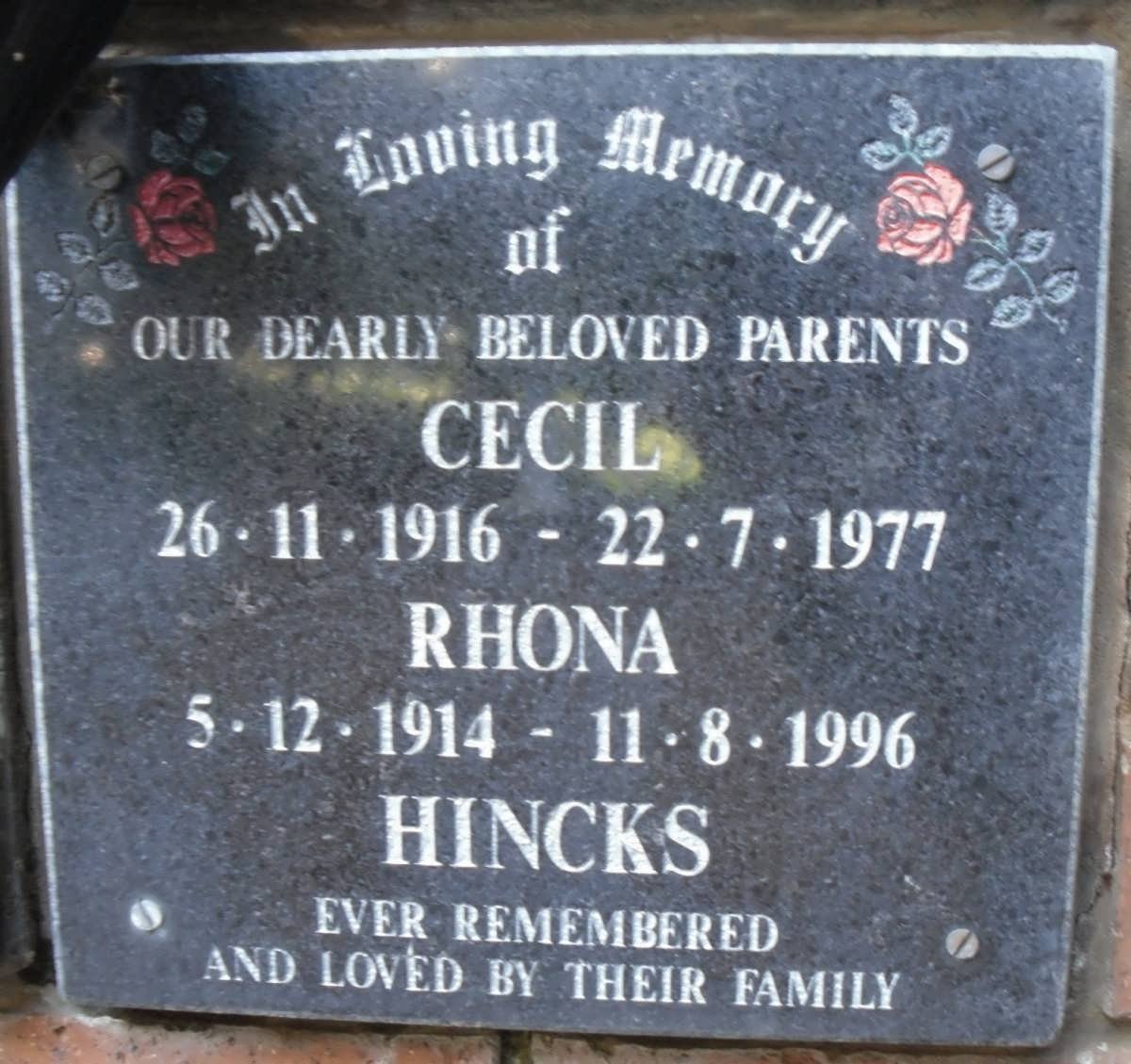 HINCKS Cecil 1916-1977 &amp; Rhoda 1914-1996