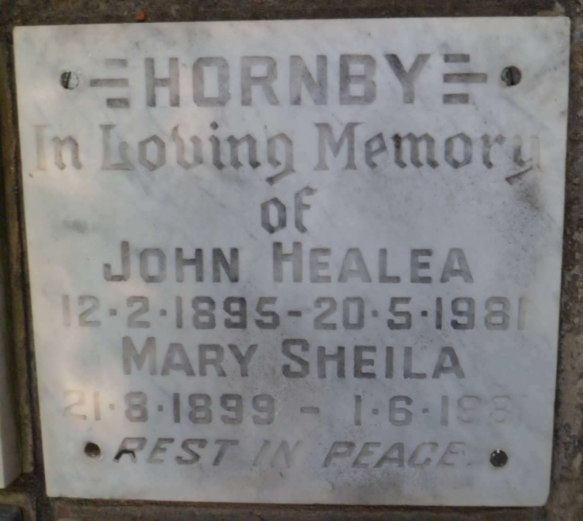 HORNBY John Healea 1895-1981 &amp; Mary Sheila 1899-1981