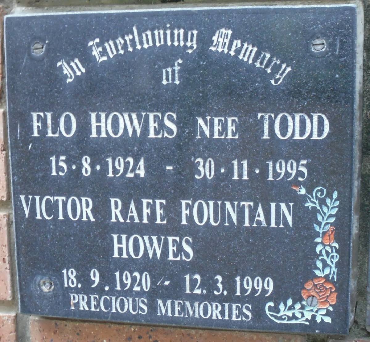 HOWES Victor Rafe Fountain 1920-1999 &amp; Flo TODD 1924-1995