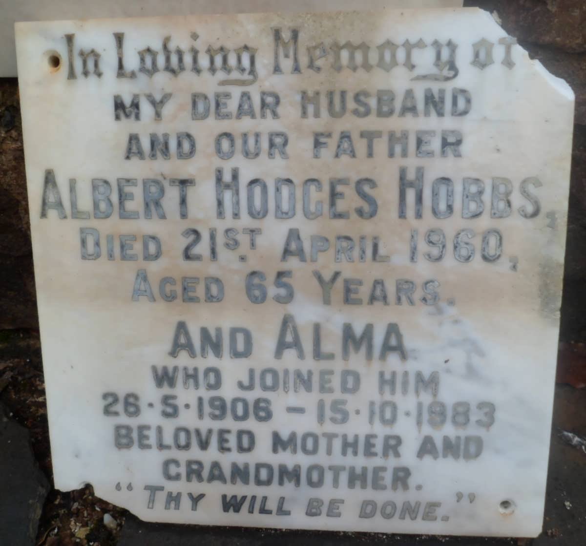 HOBBS Albert Hodges -1960 &amp; Alma 1906-1983