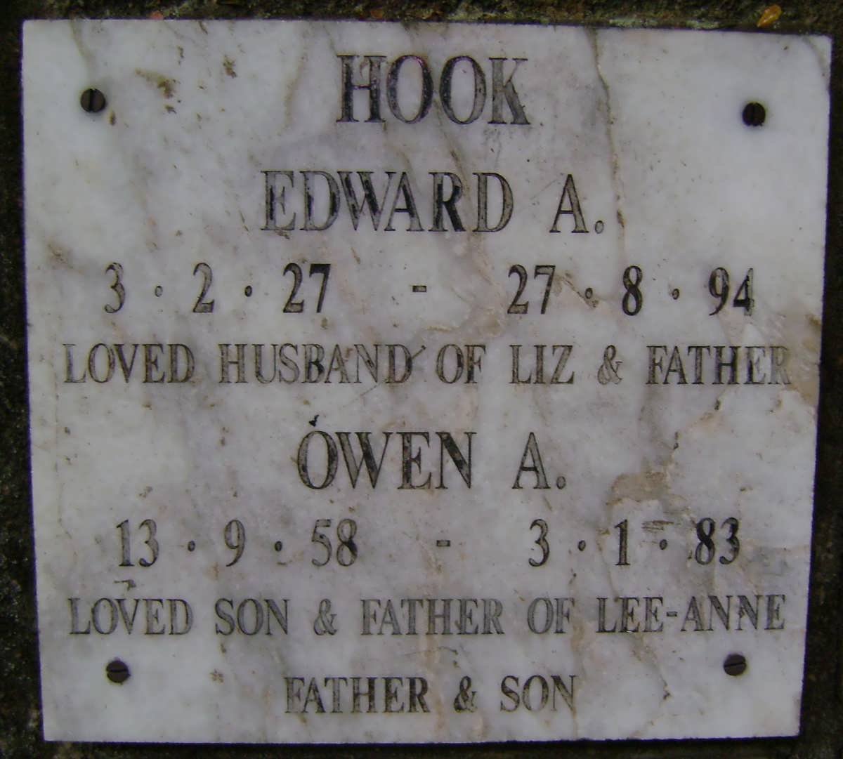 HOOK Edward A 1927-1994 :: HOOK Owen A 1958-1983