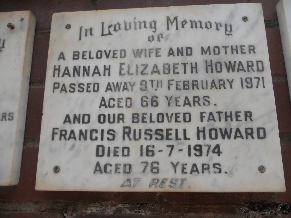 HOWARD Francis Russell -1974 &amp; Hannah Elizabeth -1971