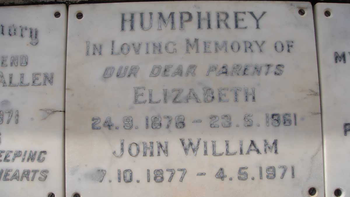 HUMPHREY John William 1877-1971 &amp; Elizabeth 1878-1961