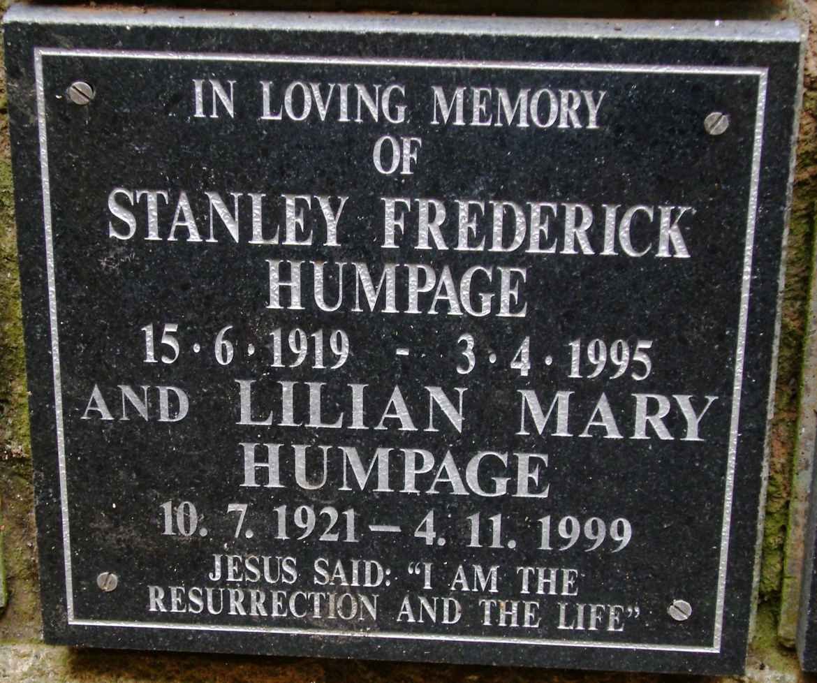 HUMPAGE Stanley Frederick 1919-1995 &amp; Lilian Mary 1921-1999