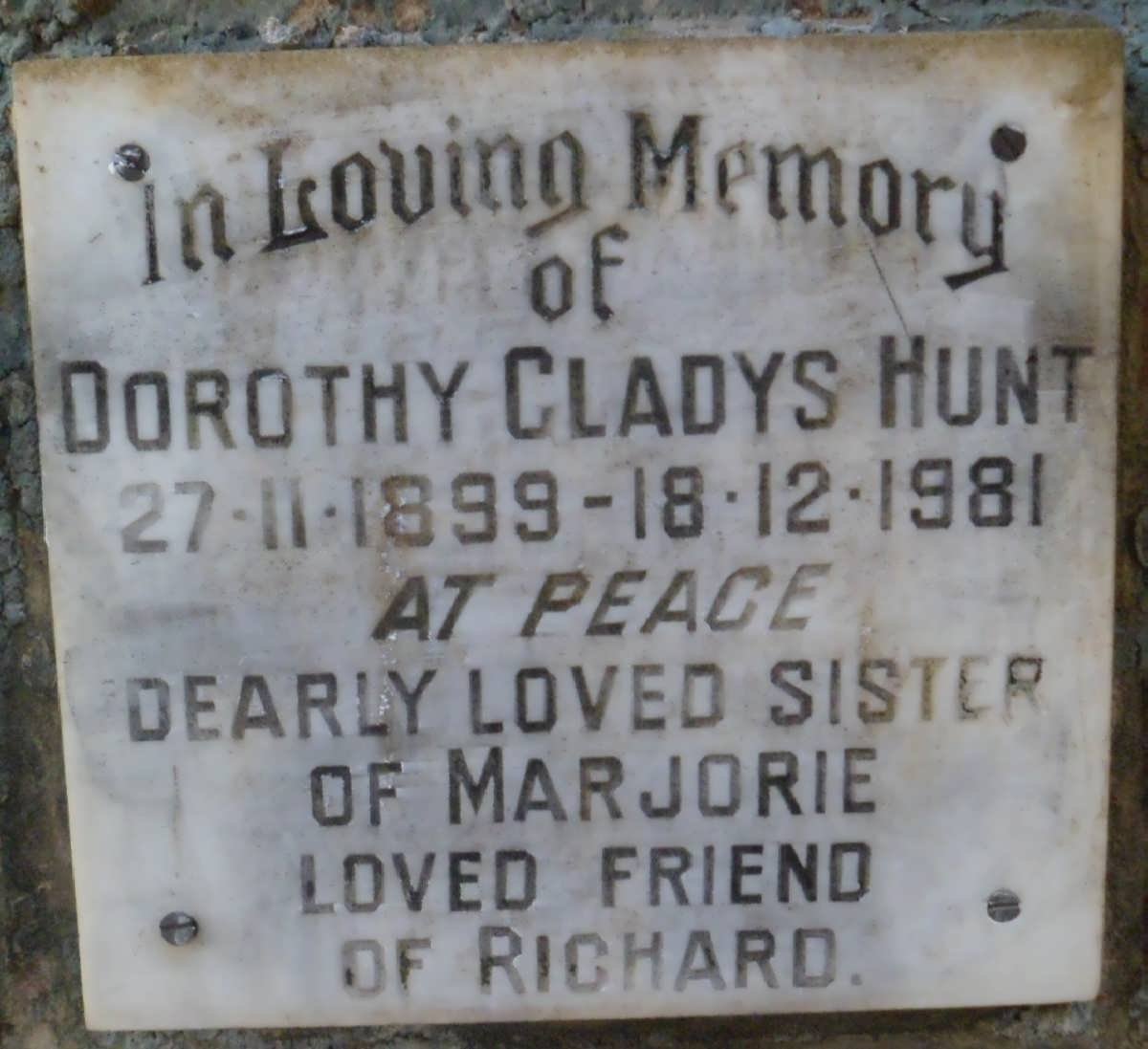 HUNT Dorothy Gladys 1899-1981