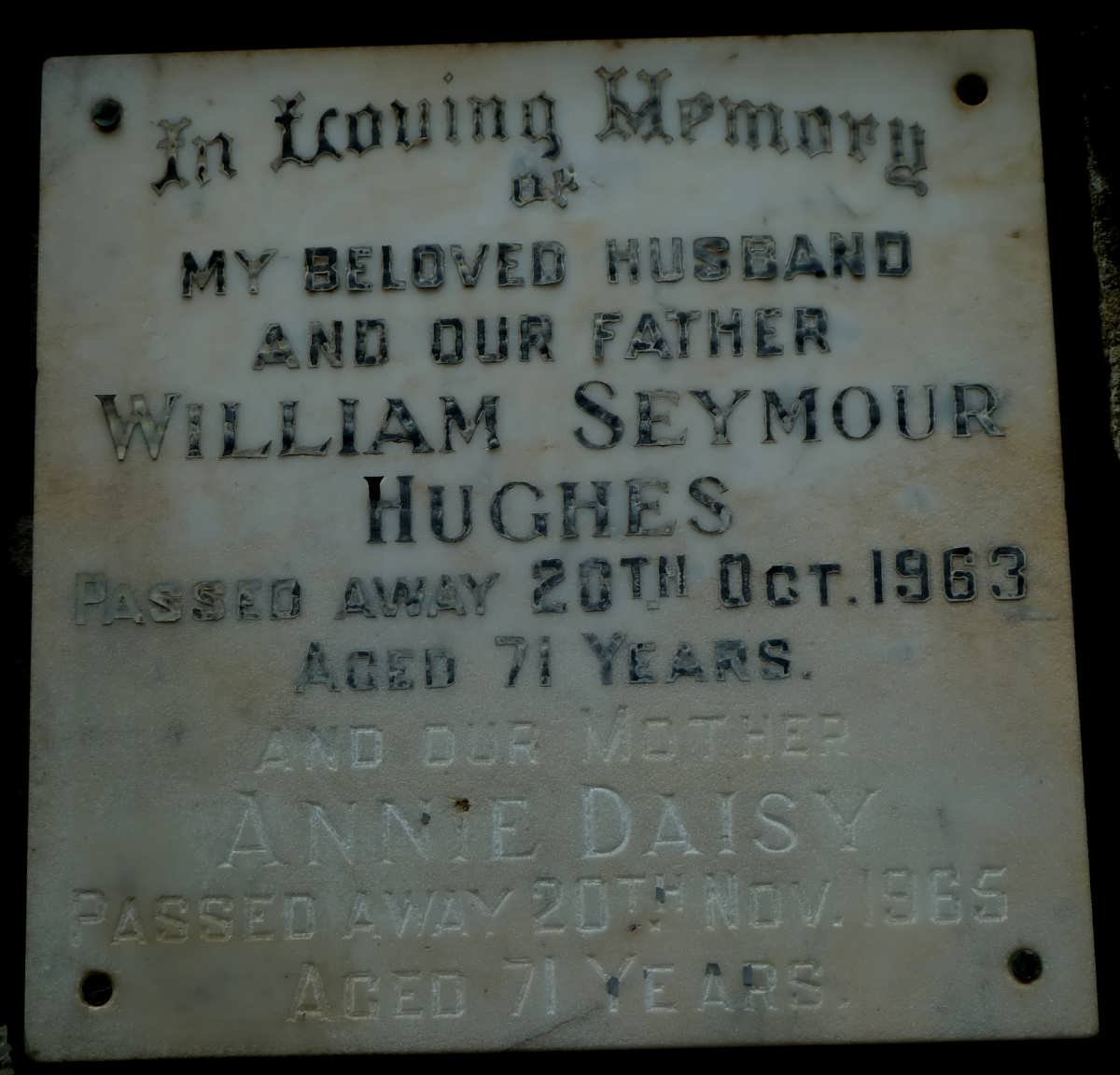 HUGHES William Seymour -1963 &amp; Annie Daisy -1965