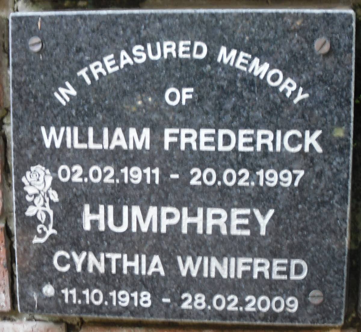 HUMPHREY William Frederick 1911-1997 &amp; Cynthia Winifred 1918-2009