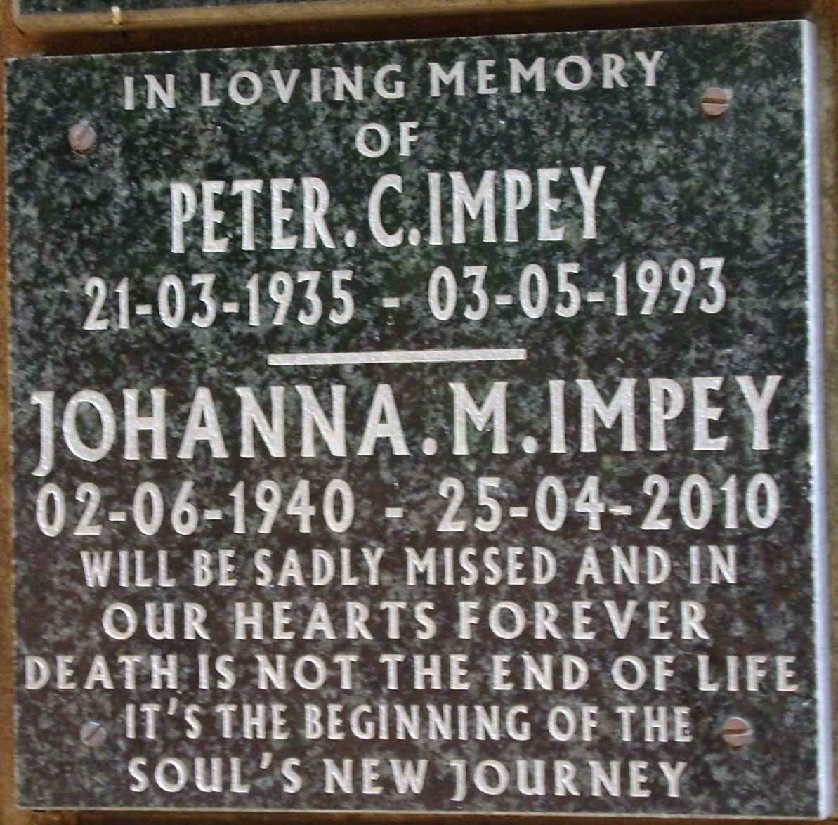 IMPEY Peter C. 1935-1993 &amp; Johanna M. 1940-2010