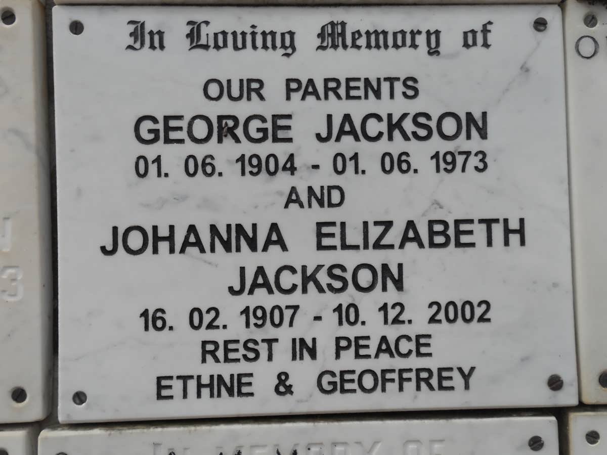 JACKSON George 1904-1973 &amp; Johanna Elizabeth 1907-2002
