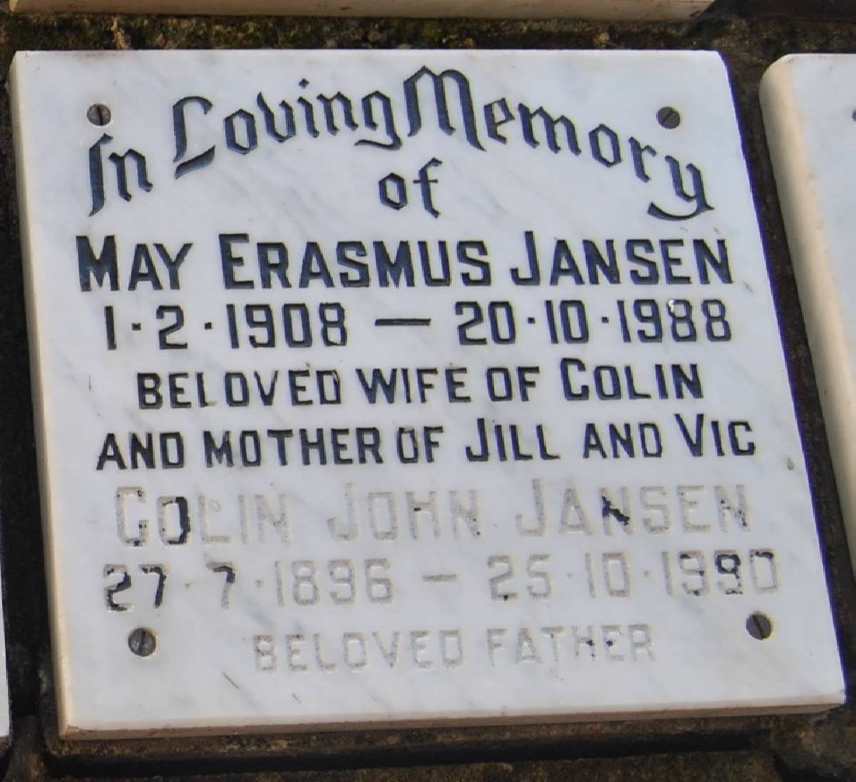 JANSEN Colin John 1896-1990 &amp; May Erasmus 1908-1988