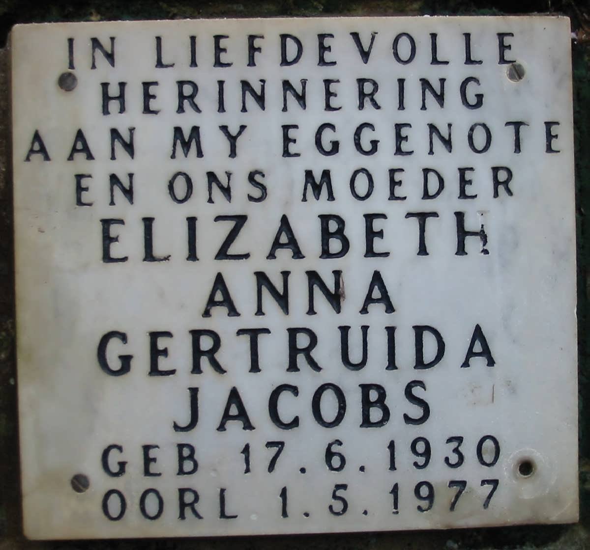 JACOBS Elizabeth Anna Gertruida 1930-1977
