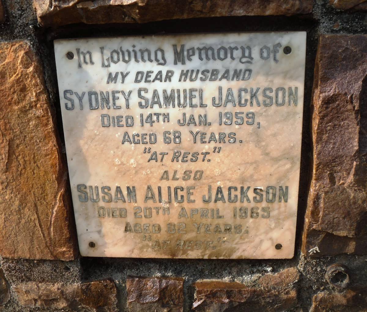 JACKSON Sydney Samuel -1959 &amp; Susan Alice -1965