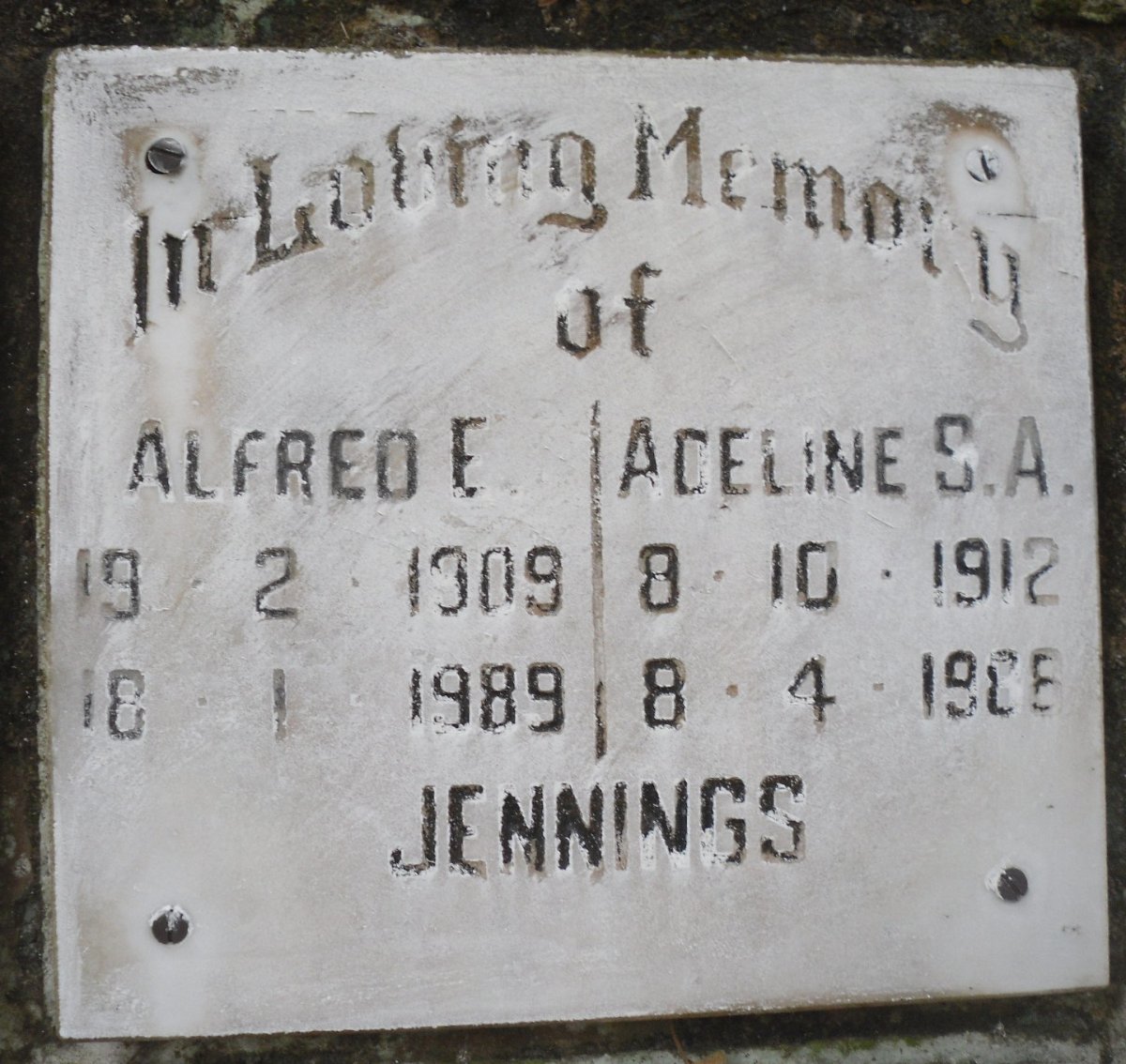 JENNINGS Alfrede 1909-1989 &amp; Adeline S.A. 1912-1988