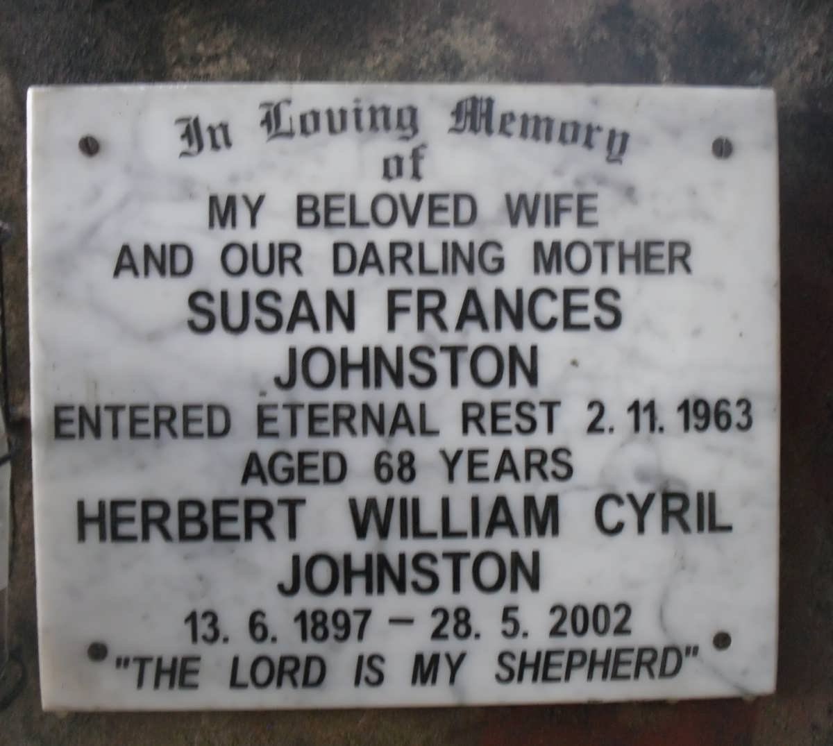 JOHNSTON Herbert William Cyril 1897-2002 &amp; Susan Frances -1963