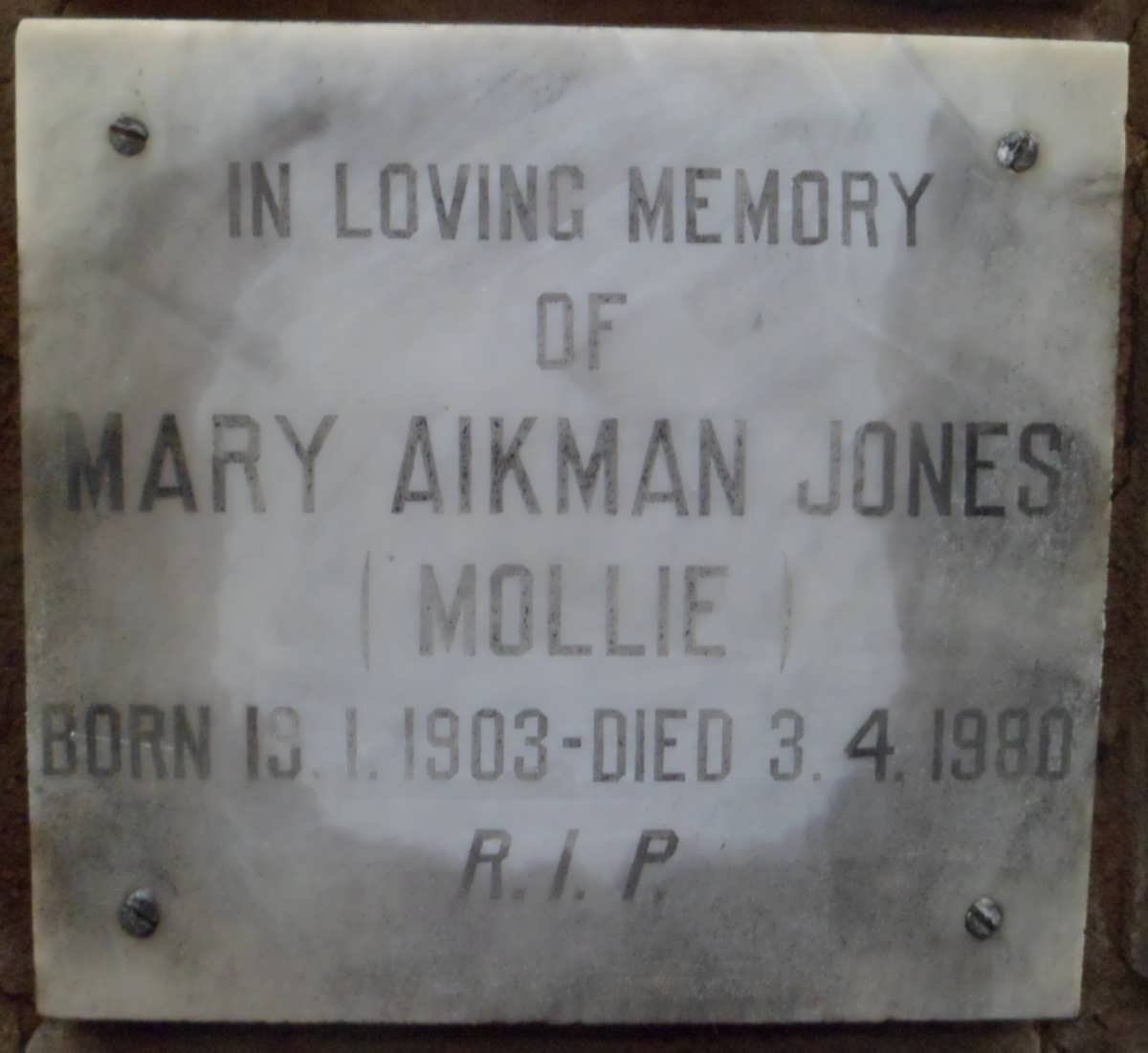 JONES Mary Aikman 1903-1980