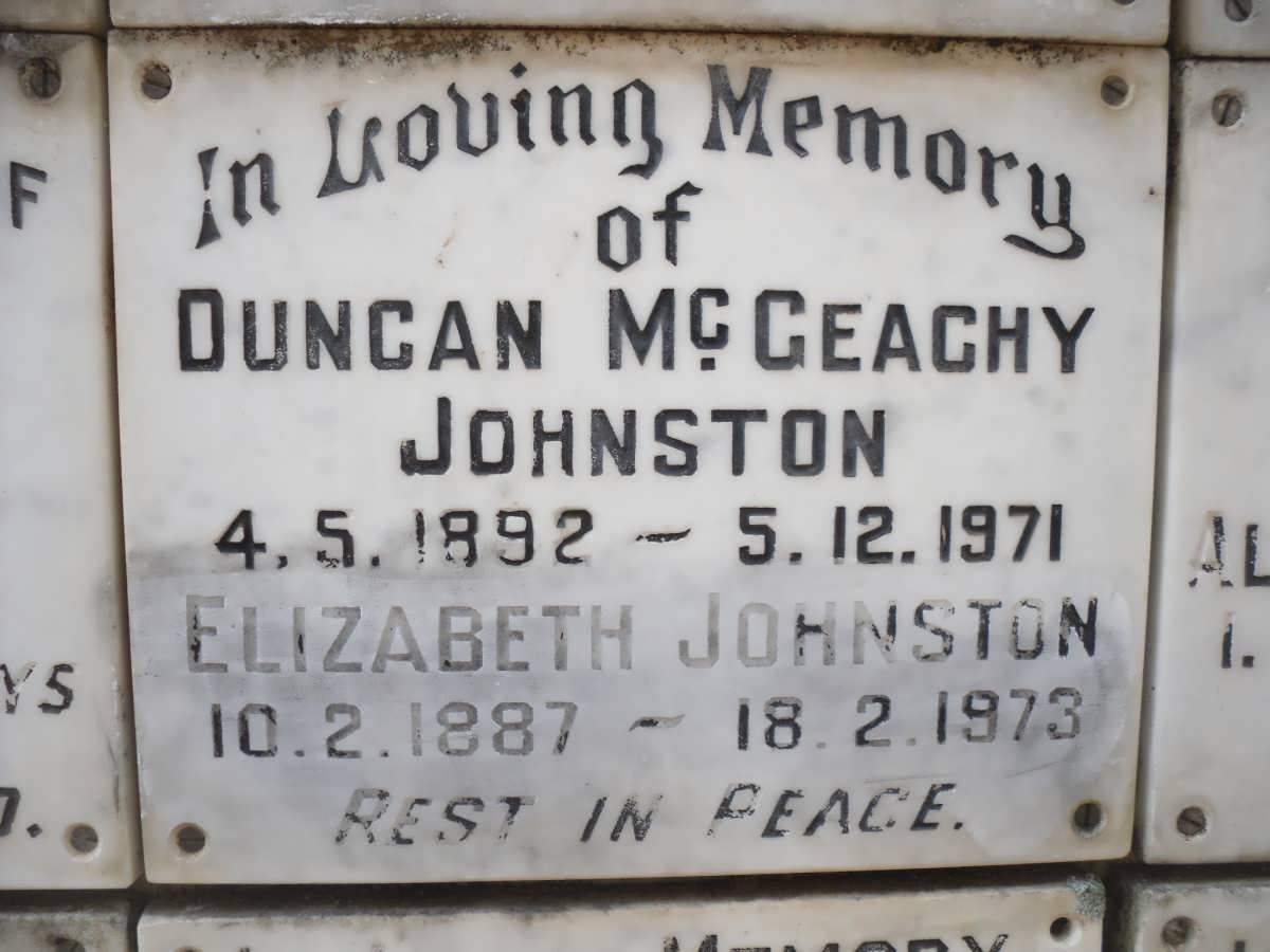 JOHNSTON Duncan McGeachy 1892-1971 &amp; Elizabeth 1887-1973