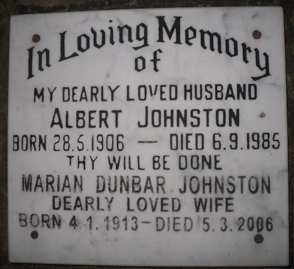 JOHNSTON Albert 1906-1985 &amp; Marian Dunbar 1913-2006