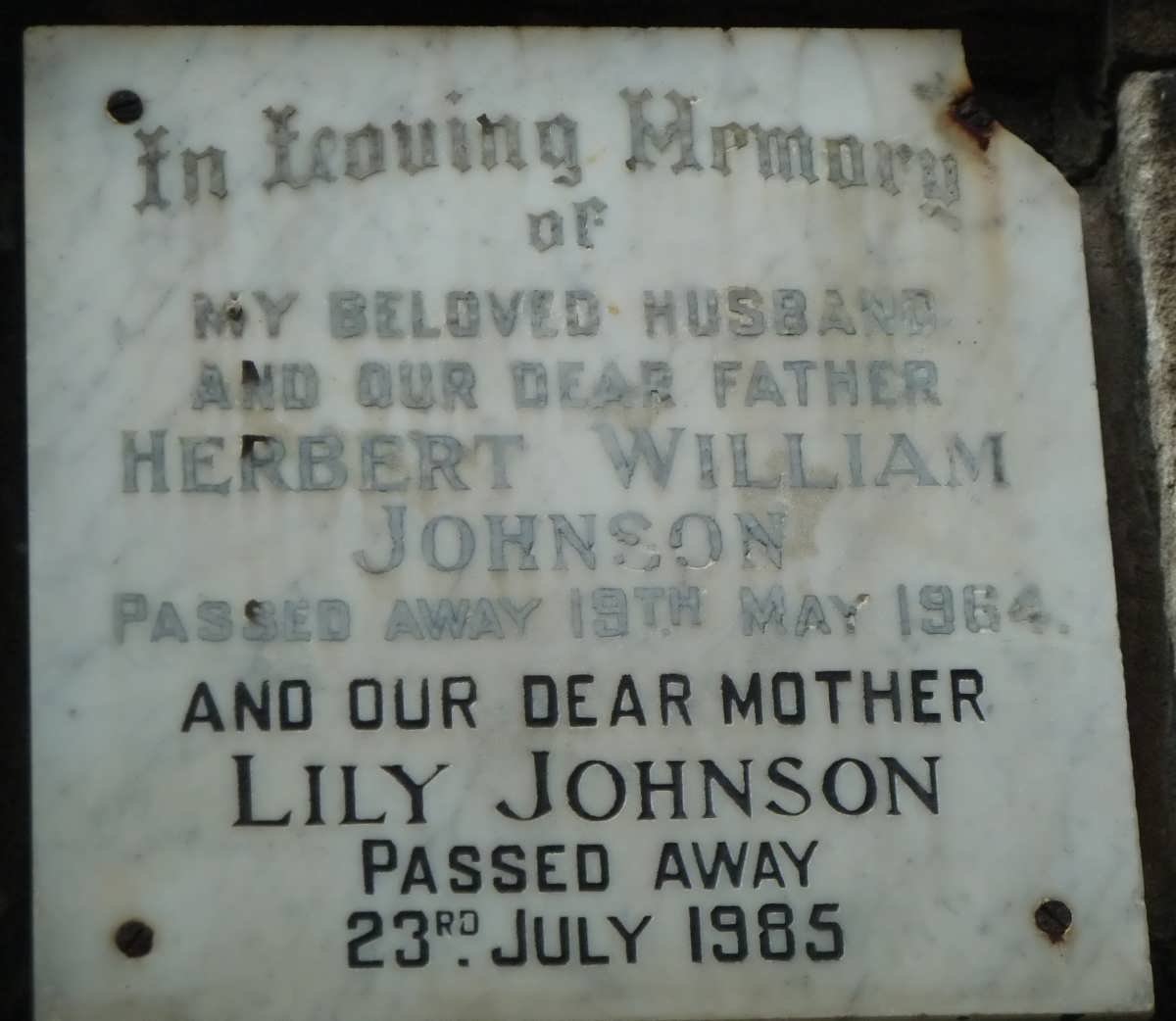 JOHNSON Herbert William -1964 &amp; Lily -1985