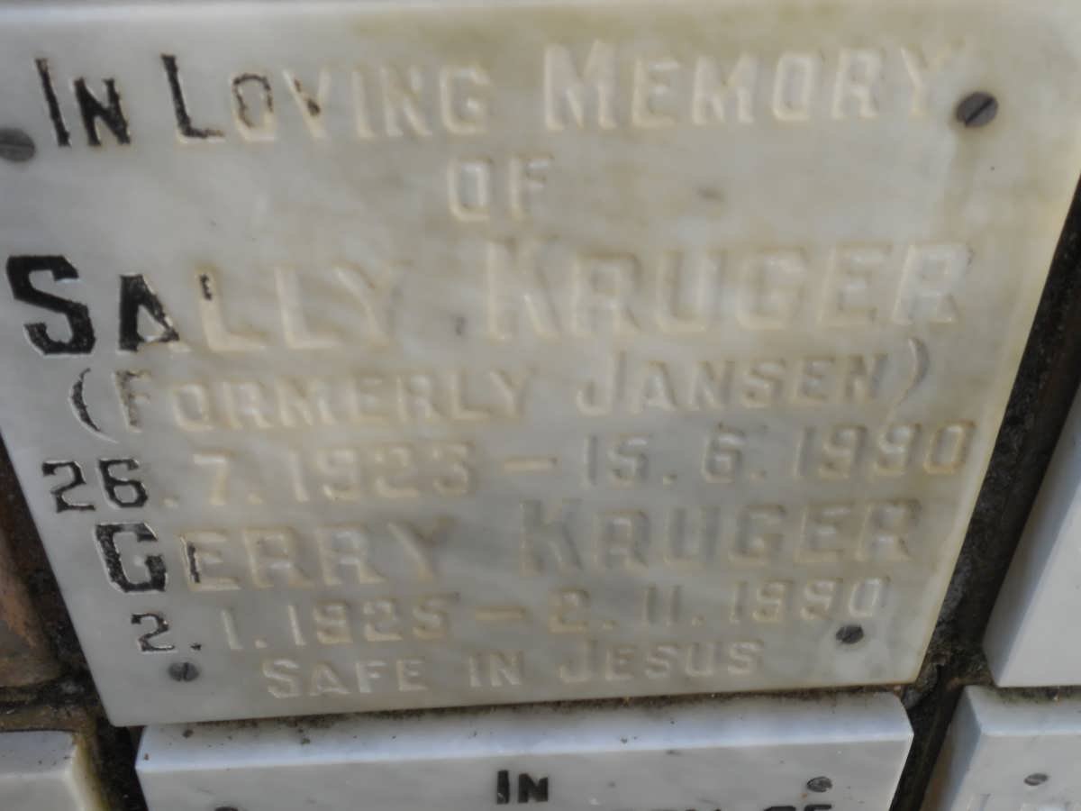 KRUGER Gerry 1925-1990 &amp; Sally formerly JANSEN 1923-1990