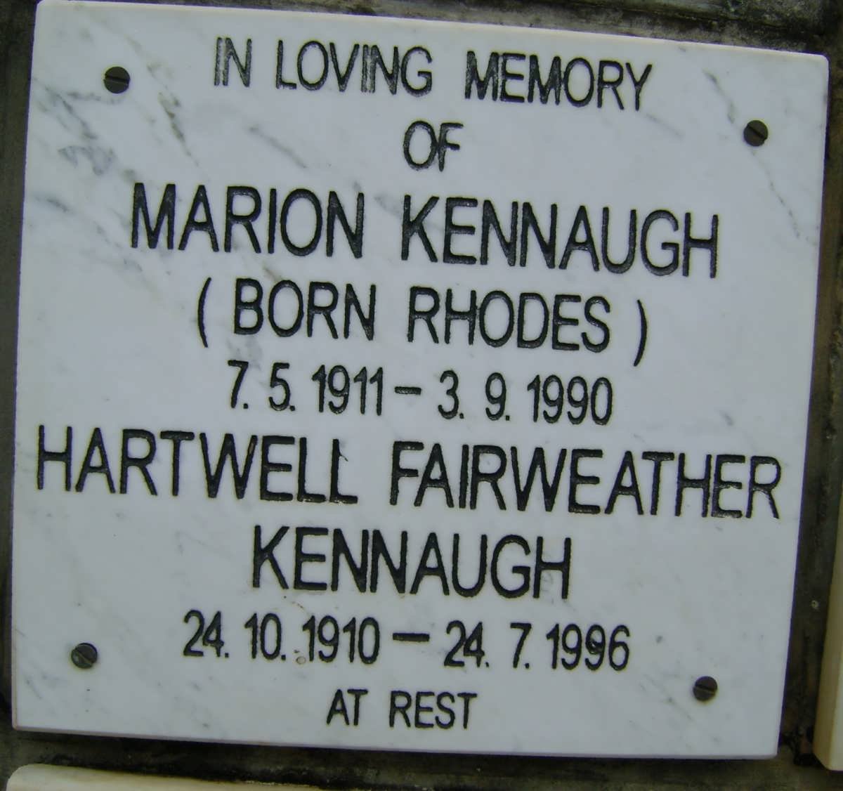 KENNAUGH Hartwell Fairweather 1910-1996 &amp; Marion RHODES 1911-1990