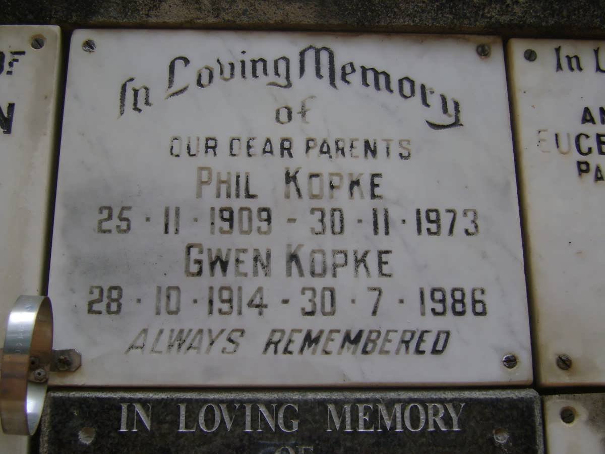 KOPKE Phil 1909-1973 &amp; Gwen 1914-1986