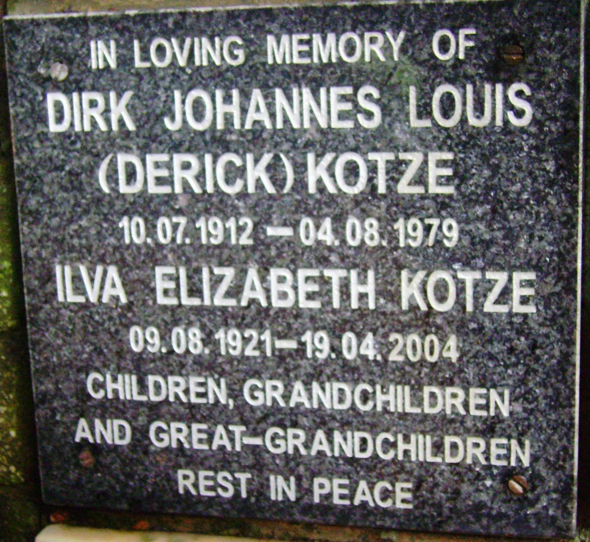 KOTZE Dirk Johannes Louis 1912-1979 &amp; Ilva Elizabeth 1921-2004