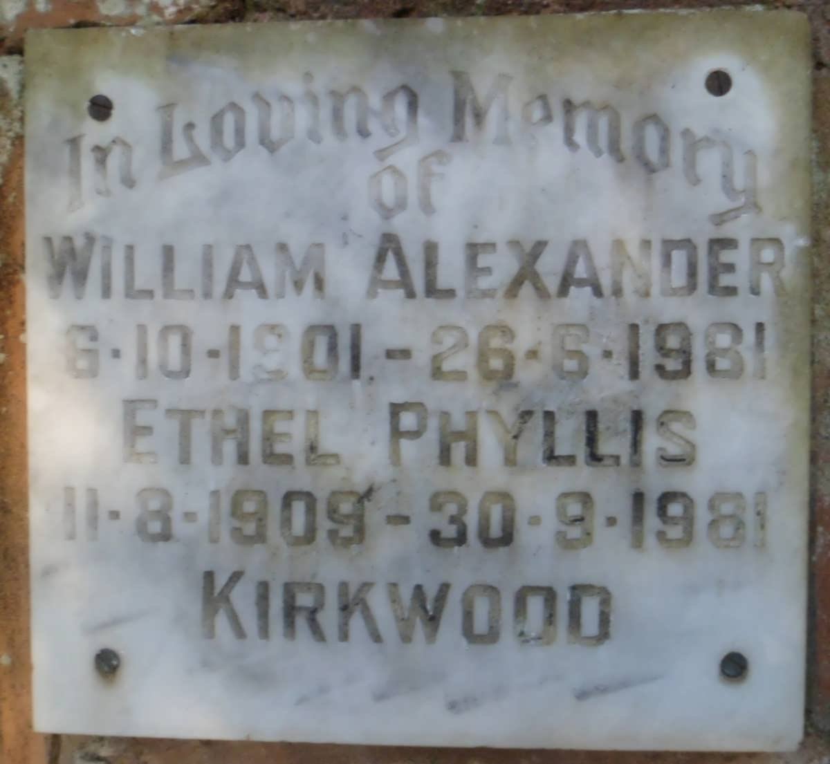 KIRKWOOD William Alexander 1901-1981 &amp; Ethyl Phyllis 1909-1981