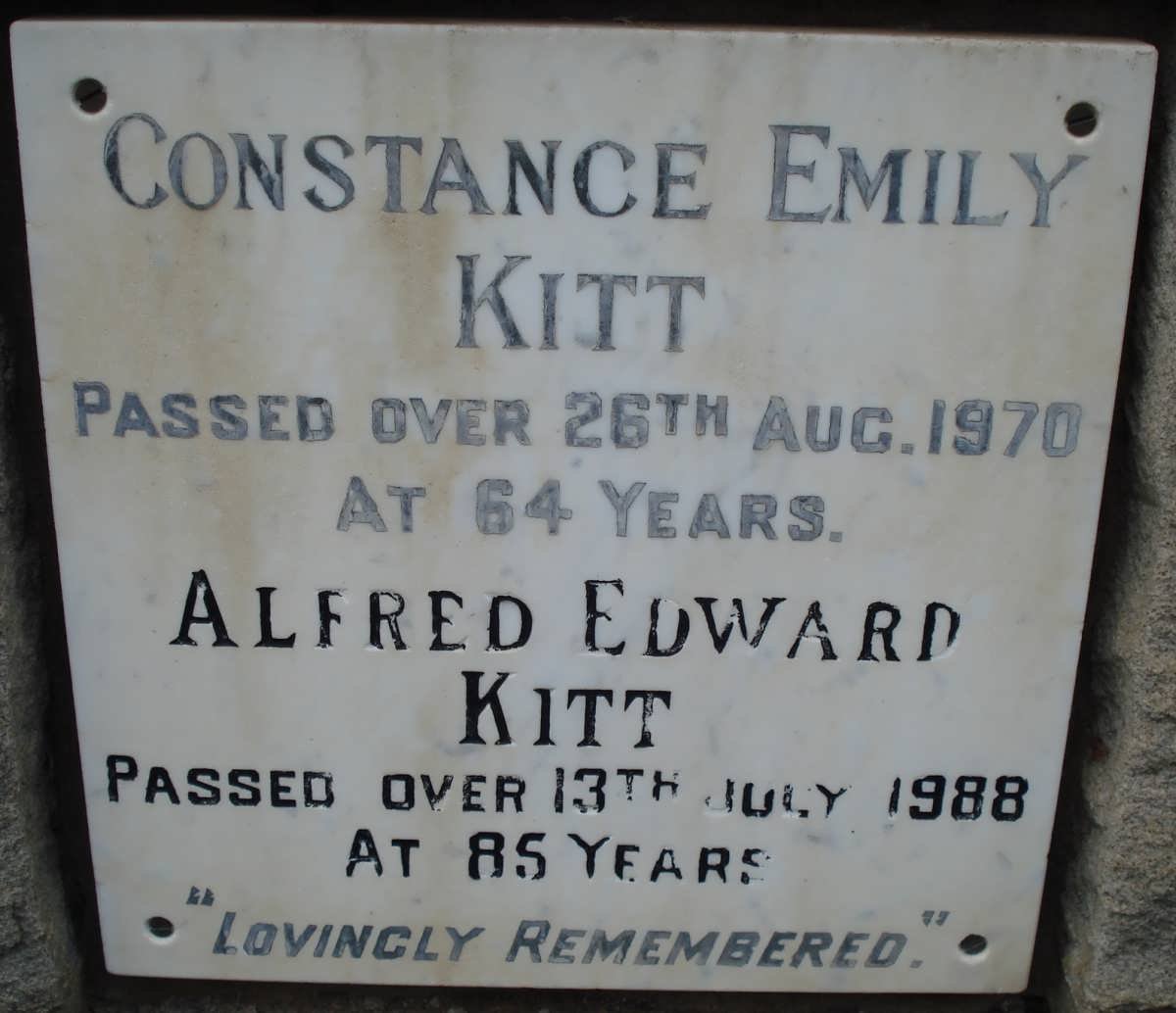 KITT Alfred Edward -1988 &amp; Constance Emily -1970
